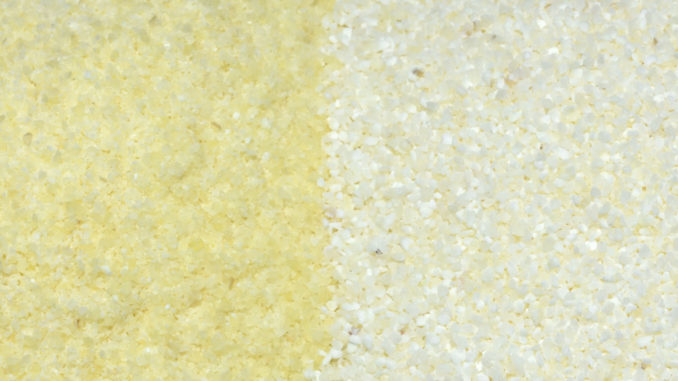 Links: Hartweizengrieß (gut zu erkennen an der goldgelben Farbe). Rechts: Weichweizengrieß.